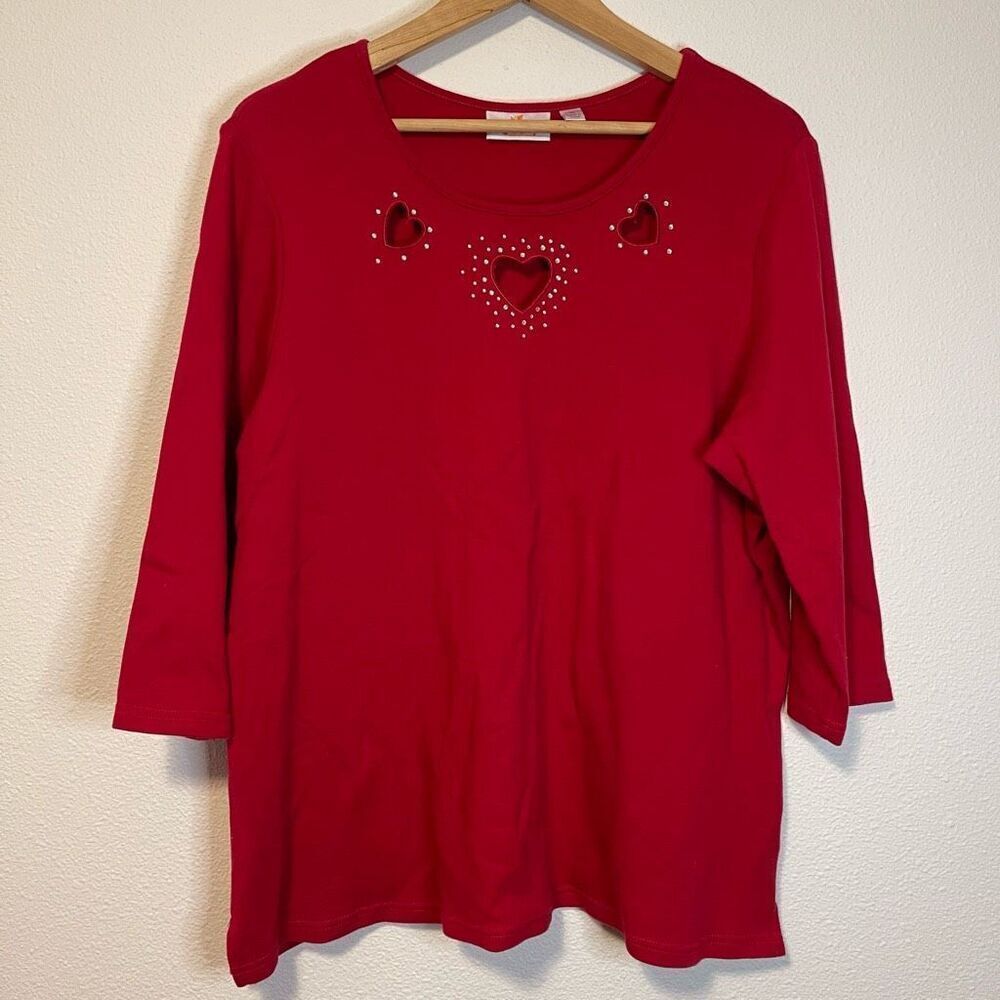 Quacker Factory Valentines Day Heart Cutout Rhinestone 3/4 Sleeve Red Top Size X